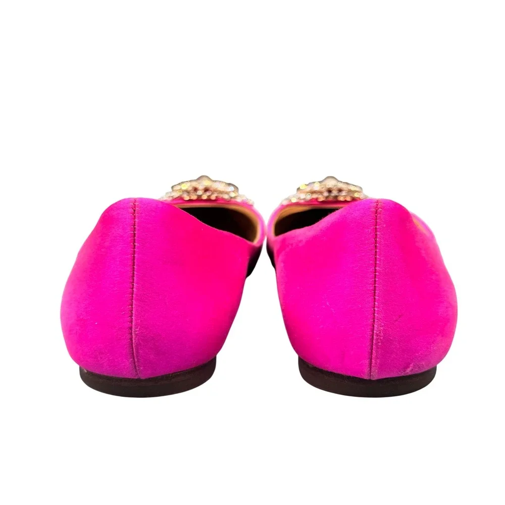 Size 7.5 - Badgley Mischka Davis Pink Satin Pointed Toe Crystal Brooch Flats